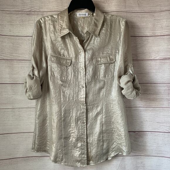 Calvin Klein Silver Metallic Button Up Shirt Long Roll Tab Sleeves Size M - Picture 1 of 16
